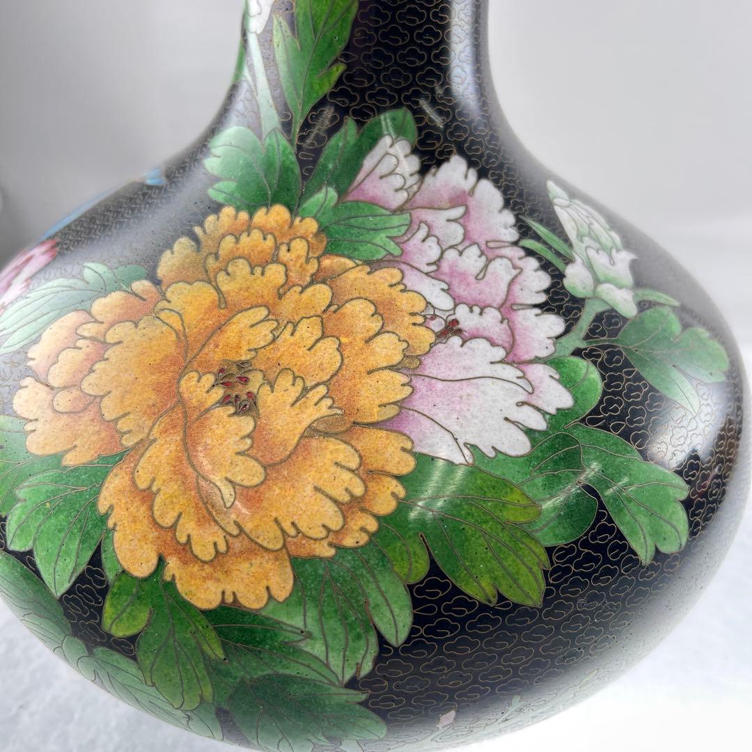 B021黒色手描き花柄陶器花瓶