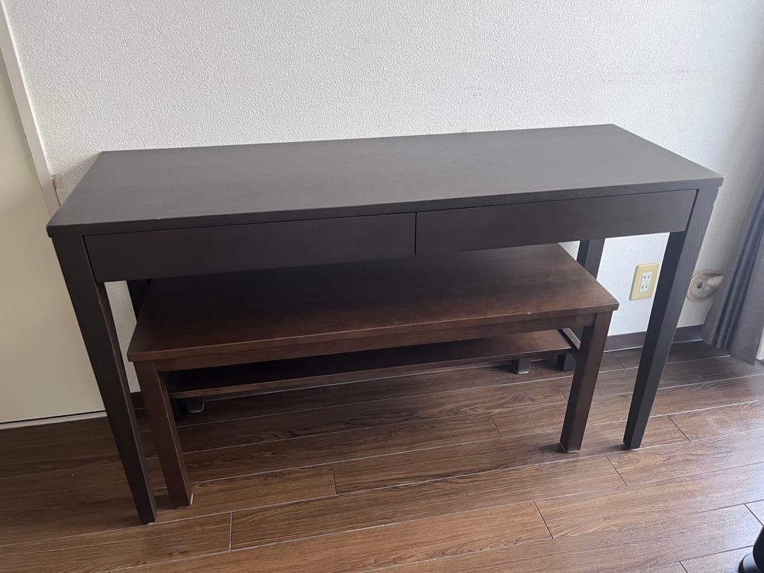 天然木　長机　デスク　引き出し付