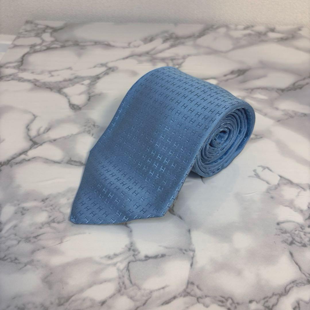 【極美品✨】HERMES ネクタイ　アクアブルー　水色　ファソネ　H柄　総柄