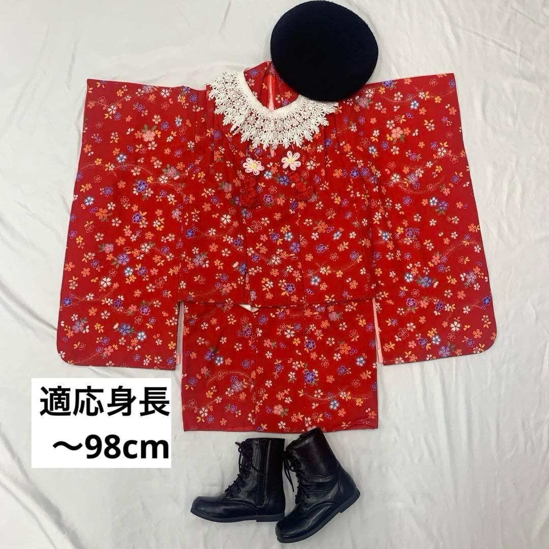 602agu1□七五三 三歳 女の子 着物&被布&長襦袢 金彩 桜□美品