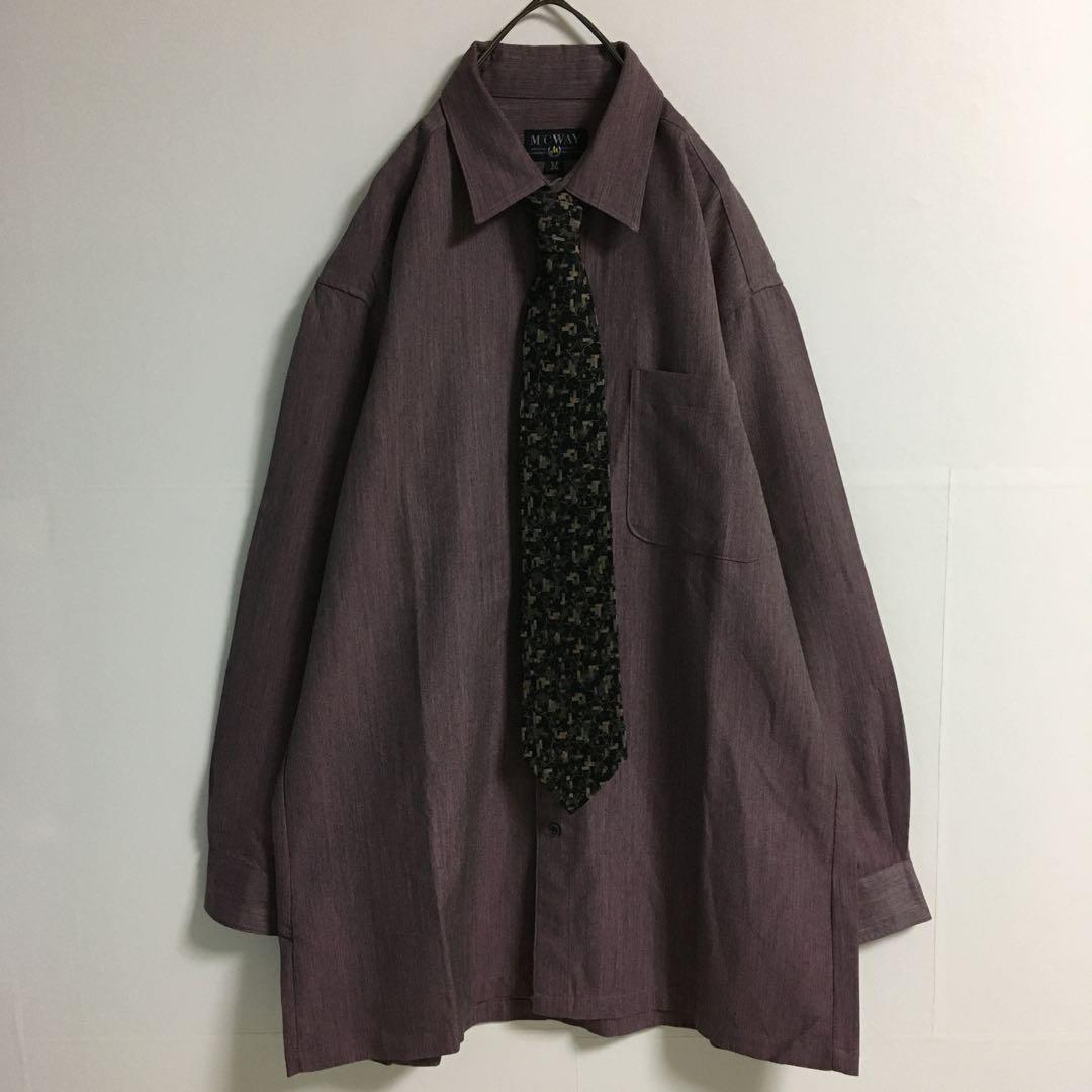 ネクタイシャツ 古着 日本製 ウール混くすみポリシャツ 幾何学模様シルクネクタイ