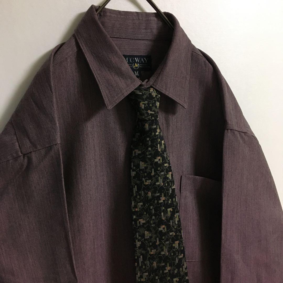ネクタイシャツ 古着 日本製 ウール混くすみポリシャツ 幾何学模様シルクネクタイ