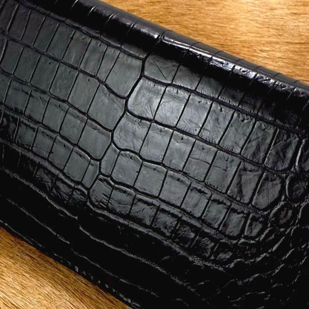 極美品 JRA認定 定12万 最高峰 クロコダイル ポロサス 一枚革 長財布 黒