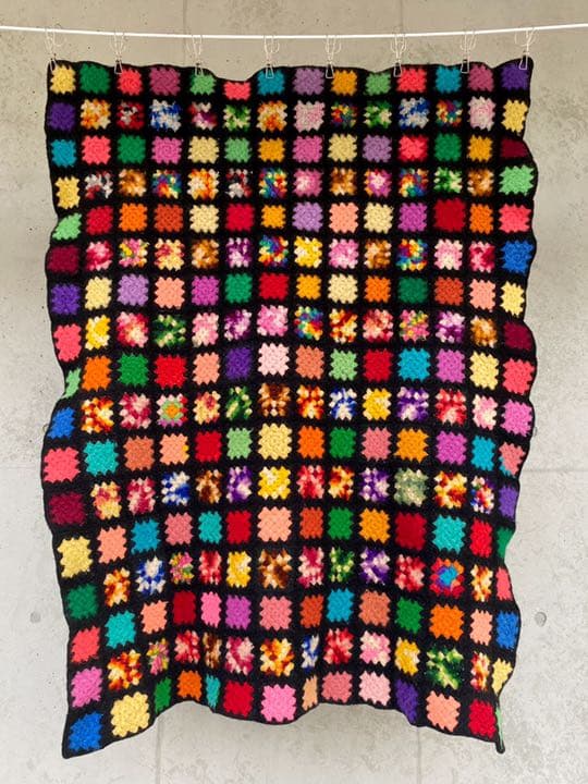 古着 ビンテージ 70s ブロック 虹色 グラニー ブランケット キャンプ ラグ