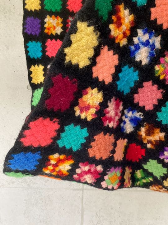 古着 ビンテージ 70s ブロック 虹色 グラニー ブランケット キャンプ ラグ