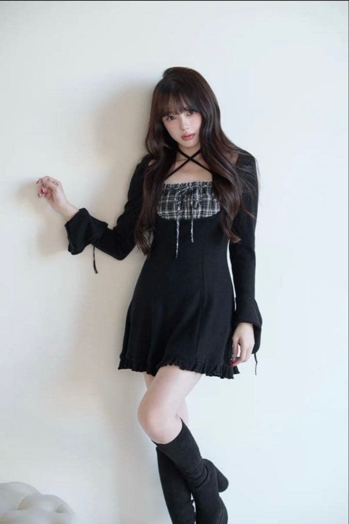 bunnylis nogenki チェック切替リボンカットワンピ ブラック