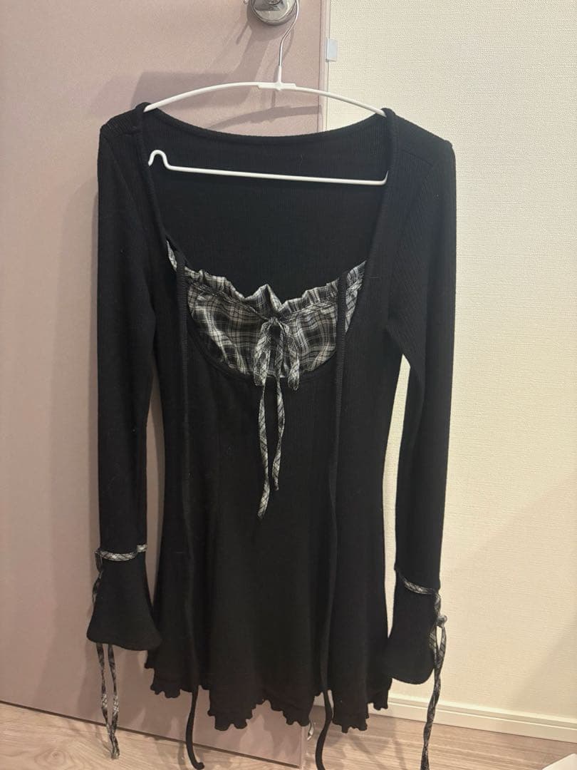 bunnylis nogenki チェック切替リボンカットワンピ ブラック