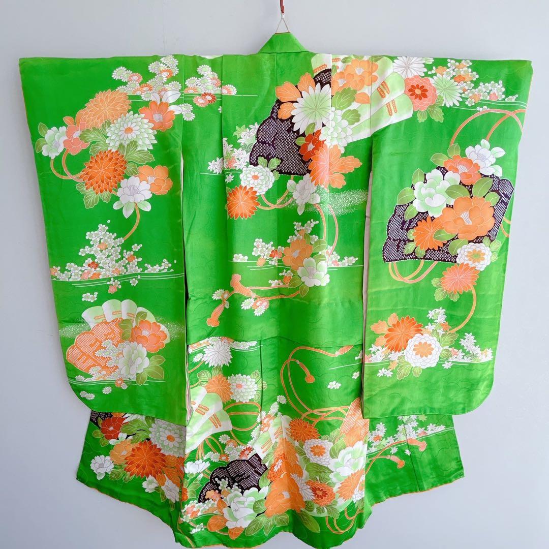 フルセット 七五三 7歳女の子 長着＆長襦袢＆帯＆小物　黄緑　絞り柄　組紐　花