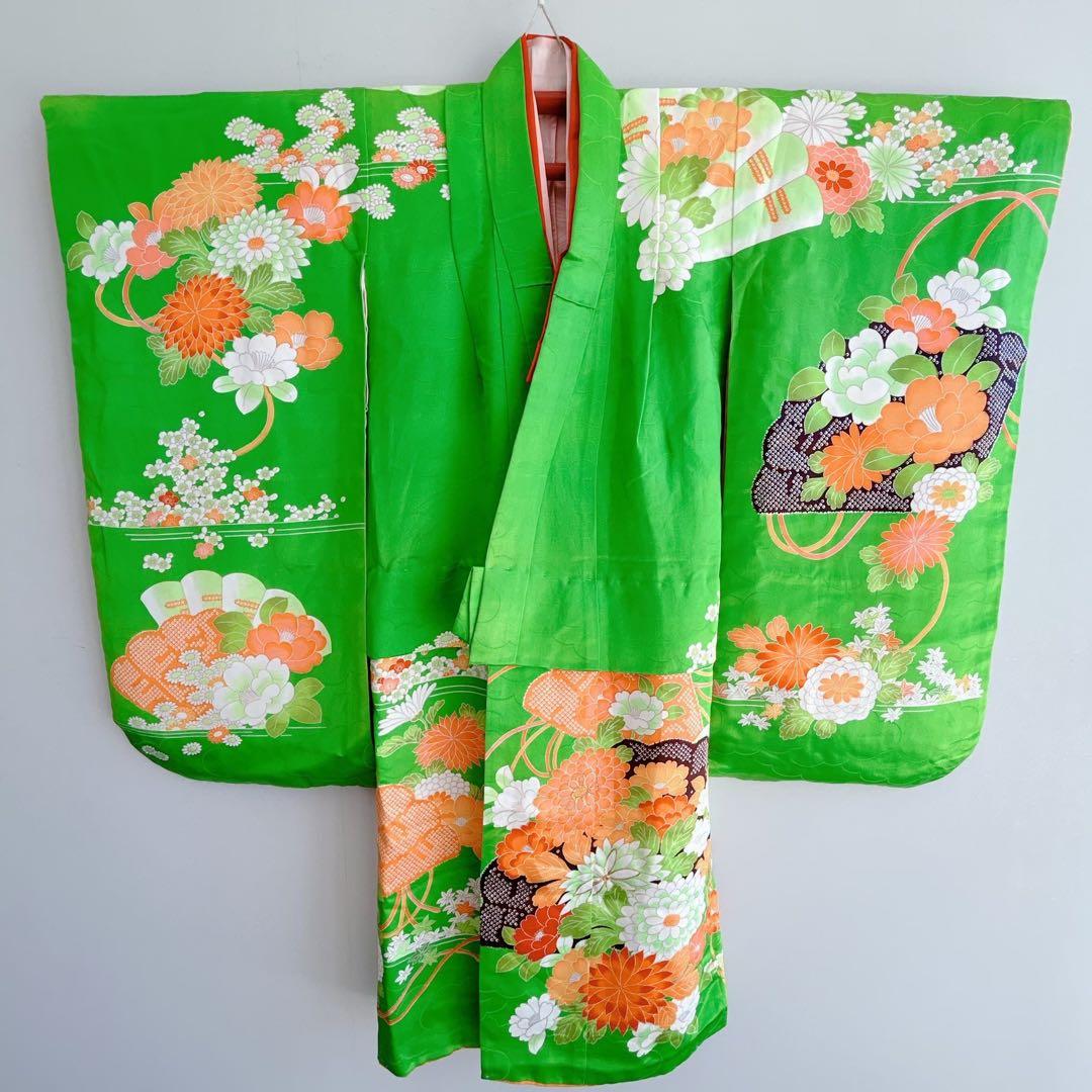 フルセット 七五三 7歳女の子 長着＆長襦袢＆帯＆小物　黄緑　絞り柄　組紐　花