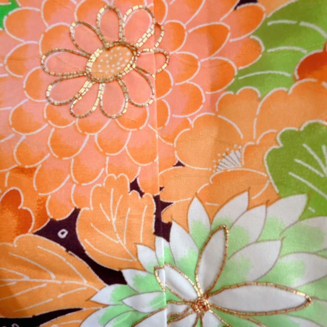 フルセット 七五三 7歳女の子 長着＆長襦袢＆帯＆小物　黄緑　絞り柄　組紐　花