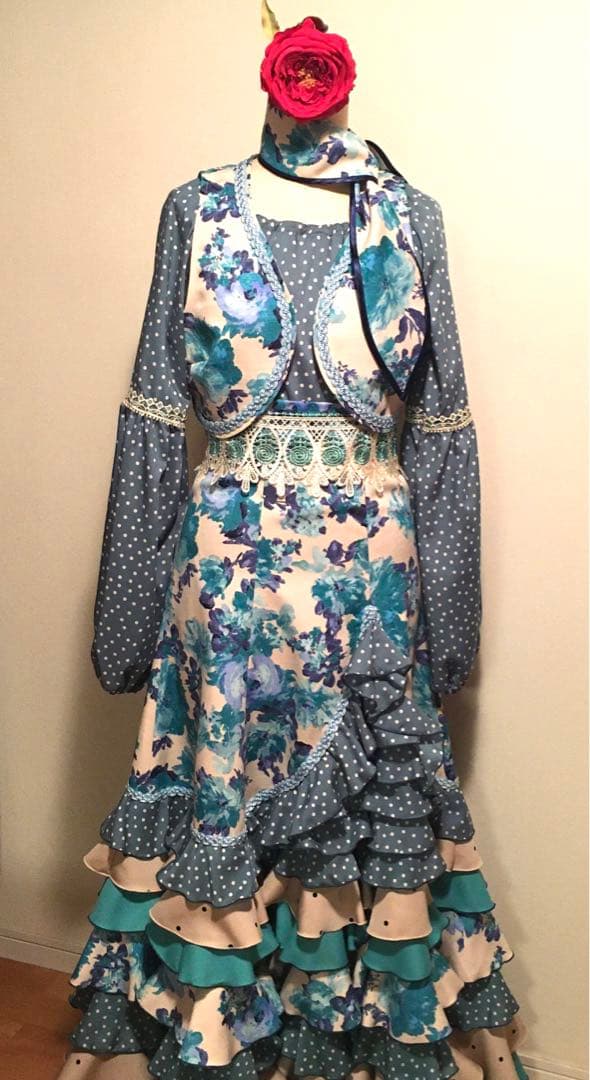 メル17134 フラメンコ 衣装 ファルダ ブラウス 花柄ブルーグリーン