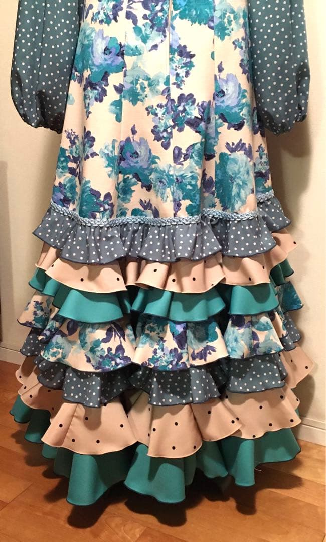 メル17134 フラメンコ 衣装 ファルダ ブラウス 花柄ブルーグリーン