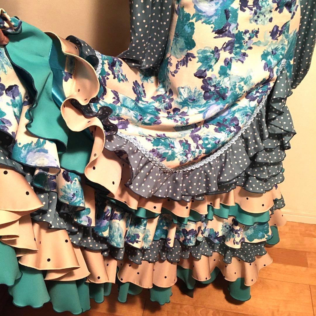 メル17134 フラメンコ 衣装 ファルダ ブラウス 花柄ブルーグリーン