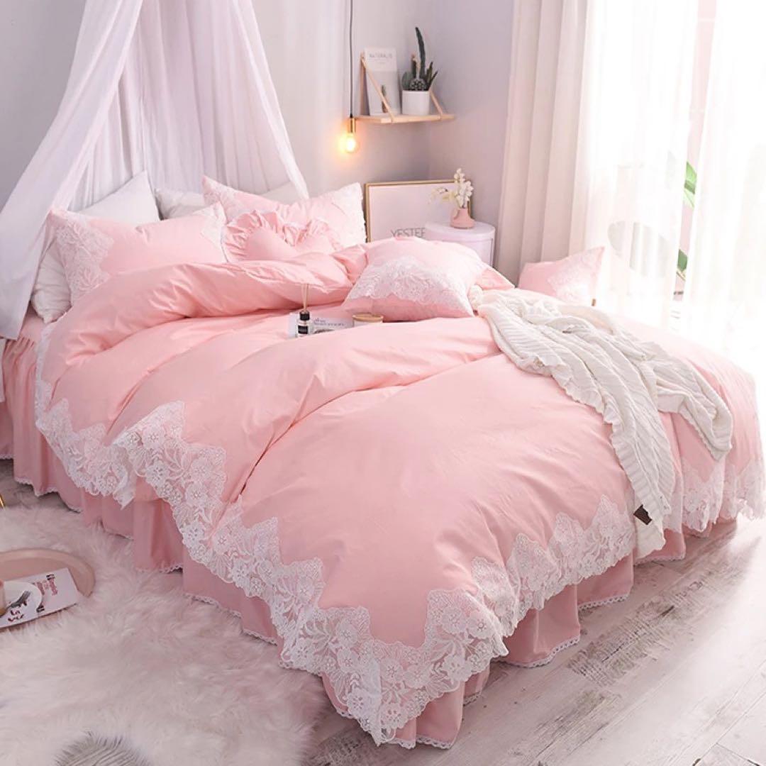 ピンク フリル レース セミダブルカバーセット
