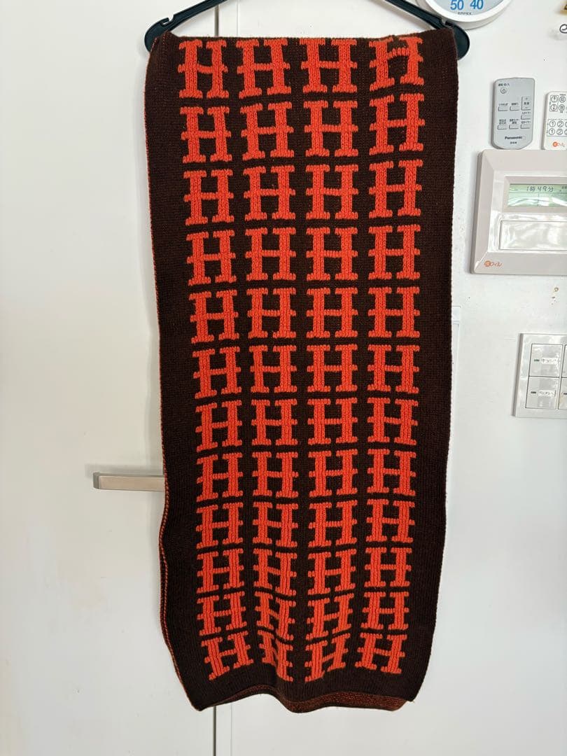 HERMES エルメス カシミヤ100% マフラー H柄 180cm 茶×橙