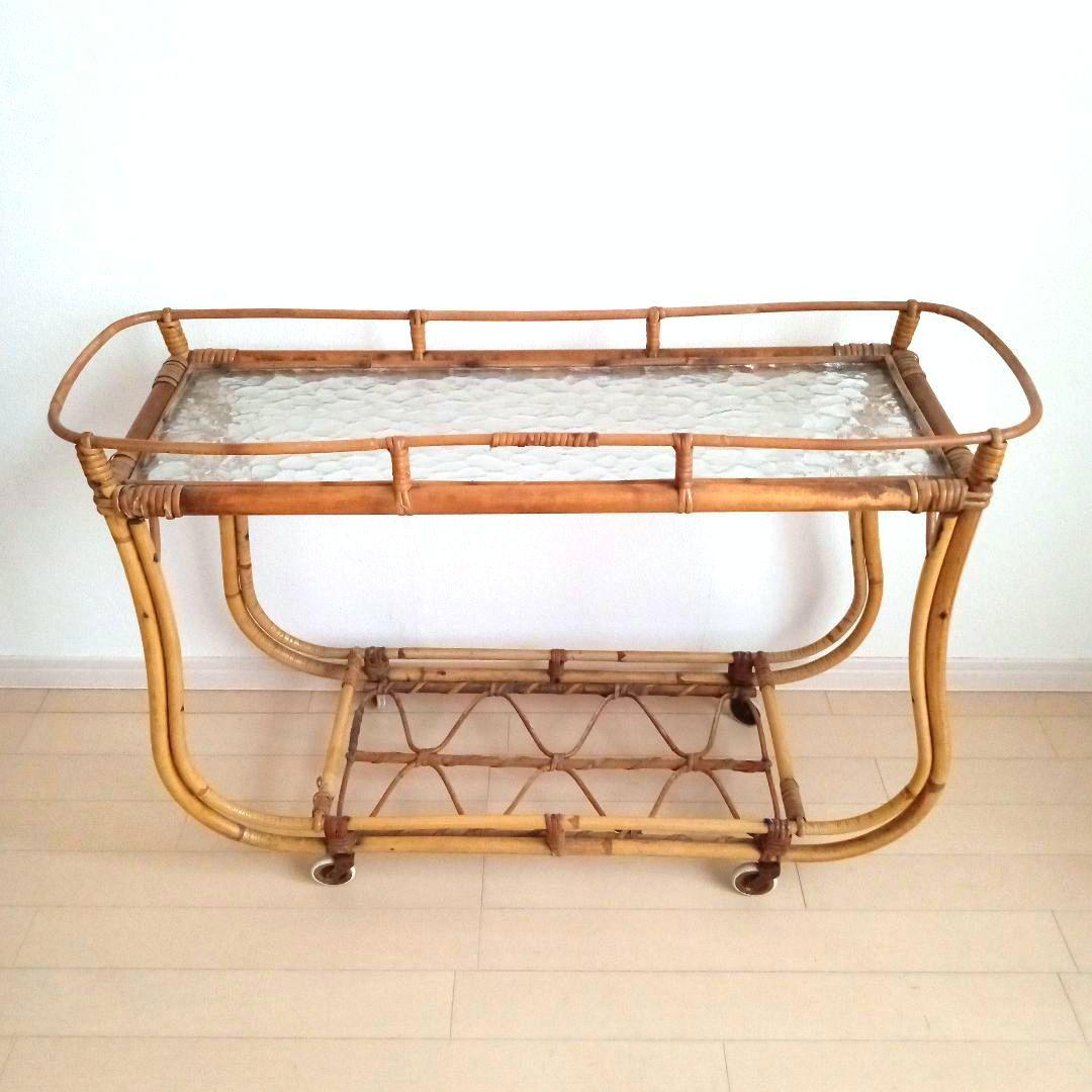 ラタンとガラスのフラワースタンド キャスター付き スウェーデン 北欧