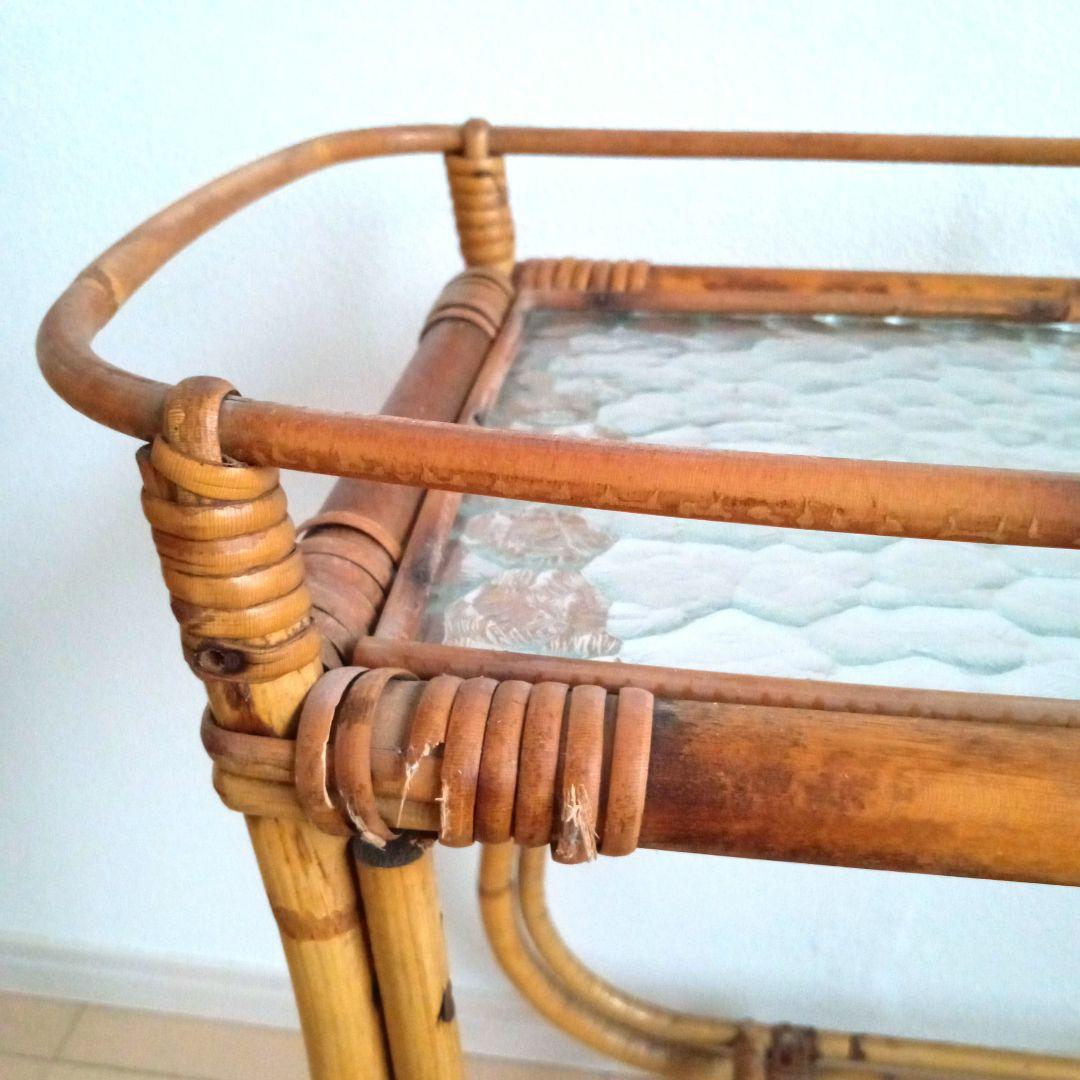 ラタンとガラスのフラワースタンド キャスター付き スウェーデン 北欧