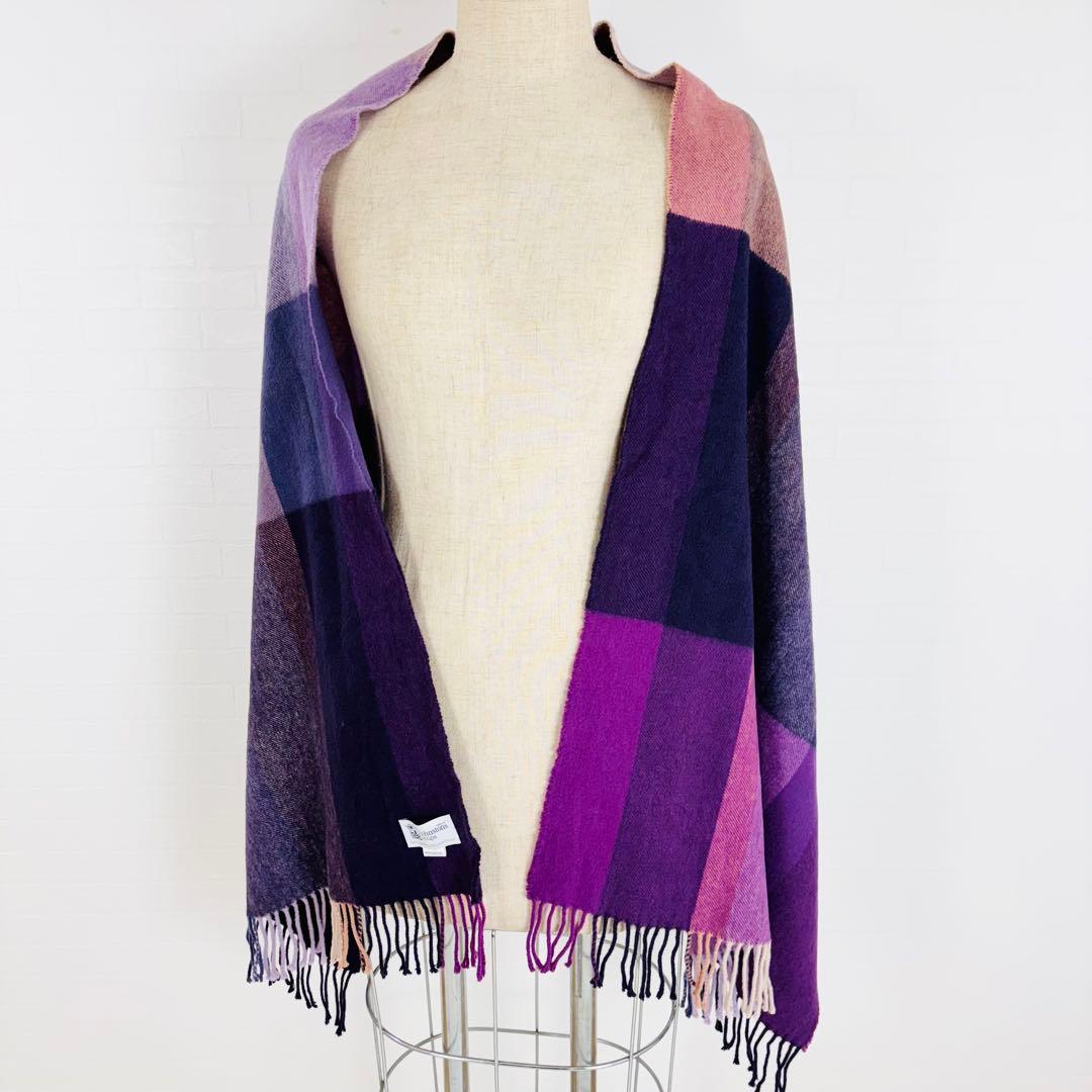 1833【美品】ジョンストンズ　中判ストール カシミヤ100% チェック 紫