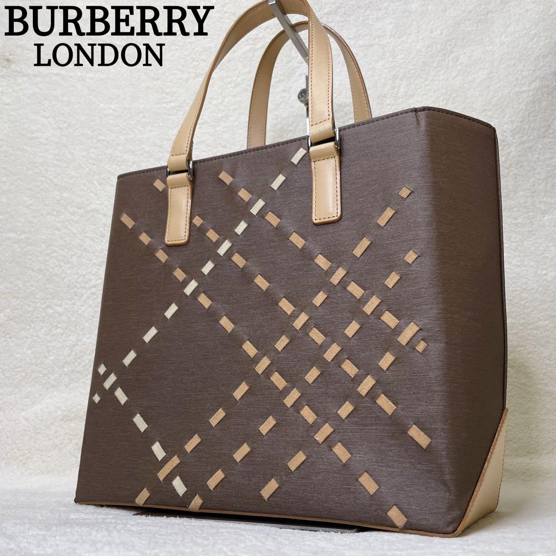 美品 バーバリーロンドン ハンドバッグ チェック柄 キャンバス レザー