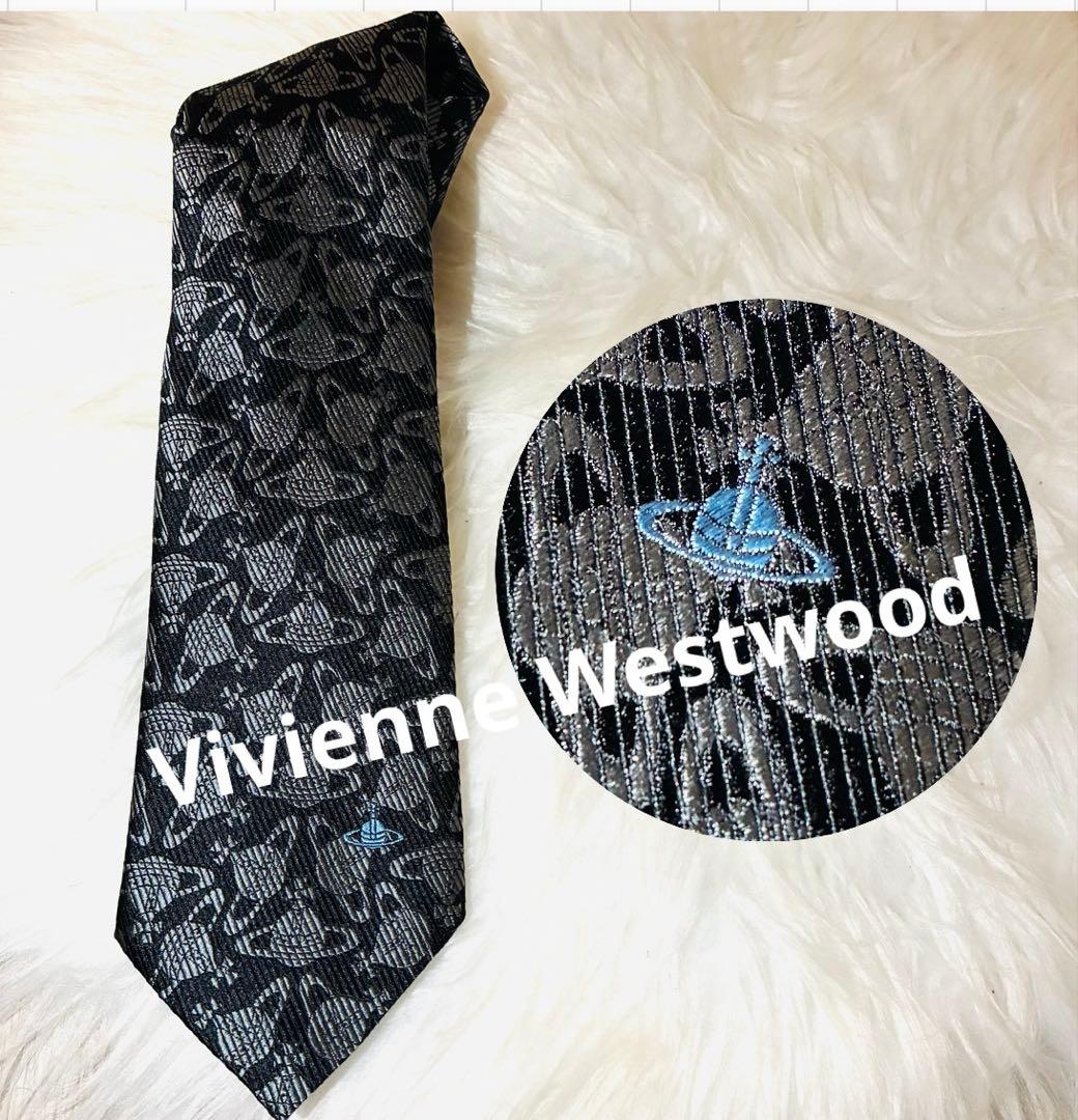 Vivienne Westwood オーブ　総柄　シルク　ブラック　水色オーブ