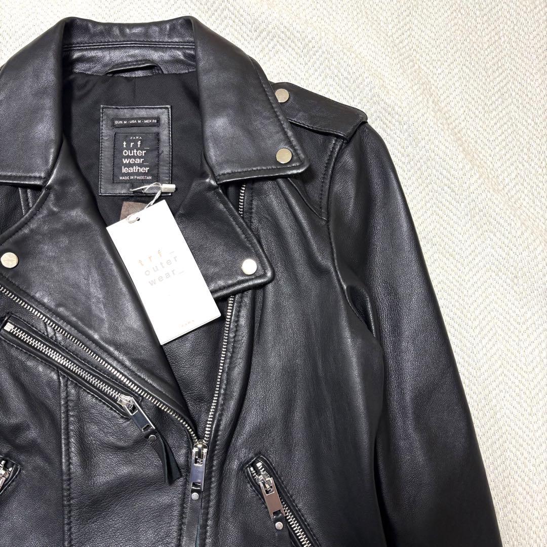 新品タグ付 ZARA ザラ 本革 レザーライダースジャケット M ブラック