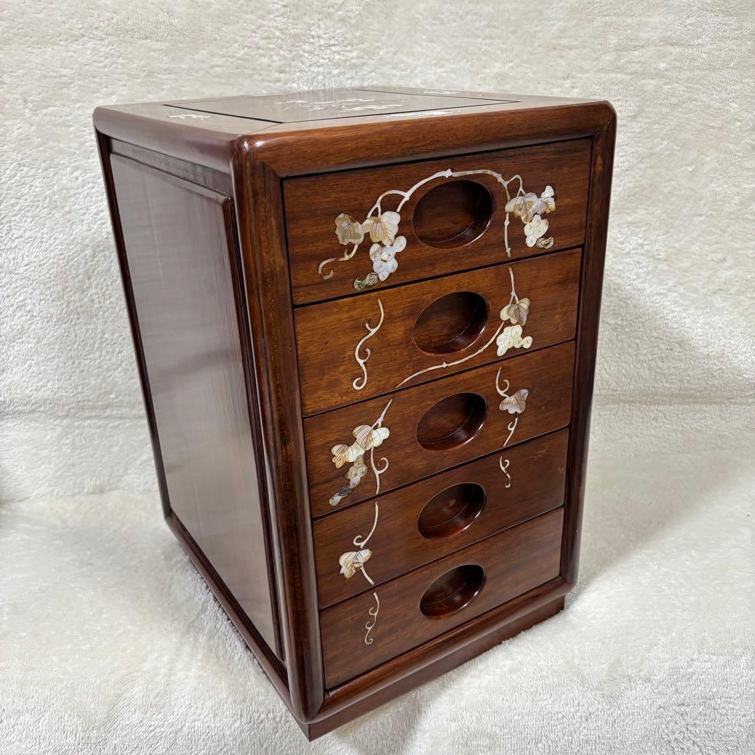 【希少品】螺鈿 家具 唐木 花梨 螺鈿細工 葡萄柄 小引出し5段 レトロ