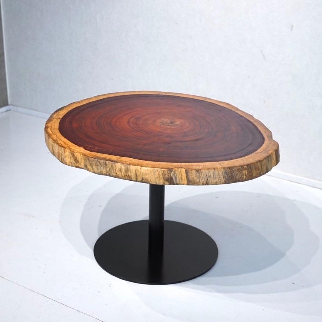 【ヒビありの為激安！】一枚板　テーブル　カフェテーブル　一本脚　輪切り