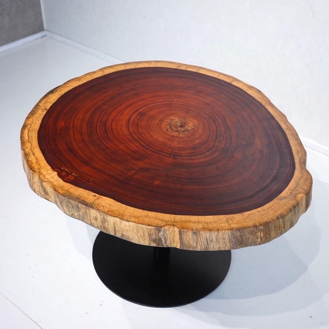 【ヒビありの為激安！】一枚板　テーブル　カフェテーブル　一本脚　輪切り