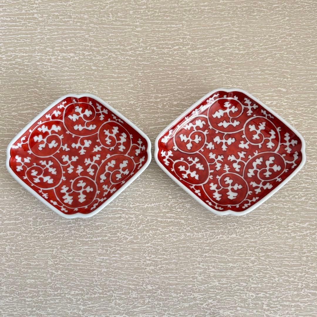 源右衛門窯　赤絵唐草濃　小皿　菱形　2枚セット