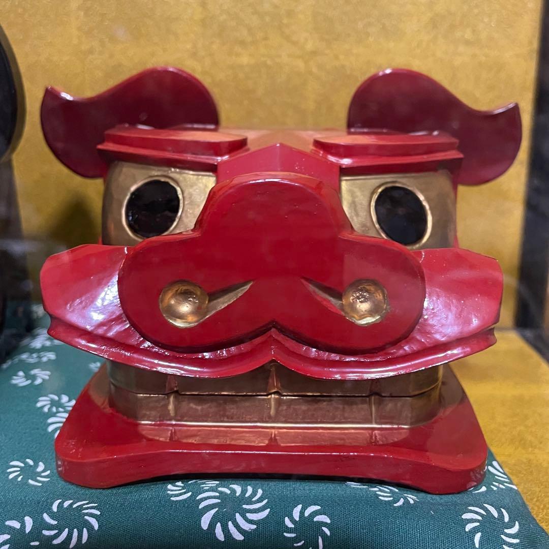 酒田獅子頭 置物 雄雌黒赤一対 伝統工芸品 和風インテリア