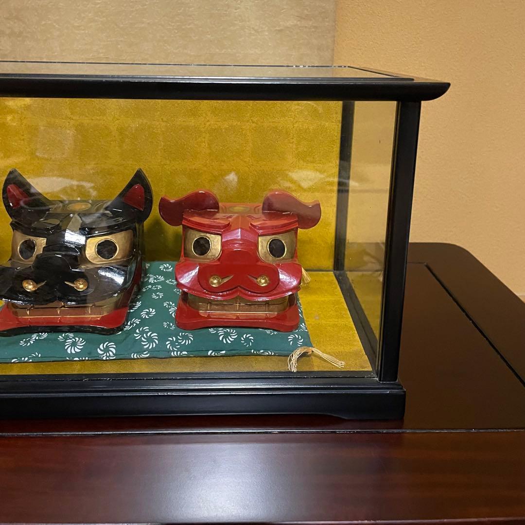 酒田獅子頭 置物 雄雌黒赤一対 伝統工芸品 和風インテリア