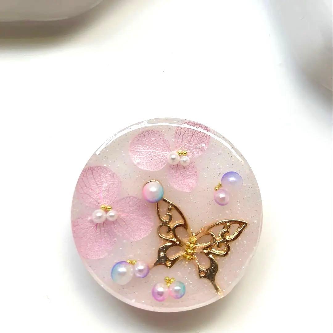 レジン　ヘアゴム　蝶と紫陽花　ピンク◡̈♥︎ 色付きパール
