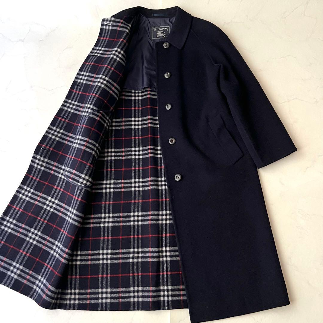 バーバリー ダブルフェイス ロングコート ネイビー ノバチェック カシミヤ混 M
