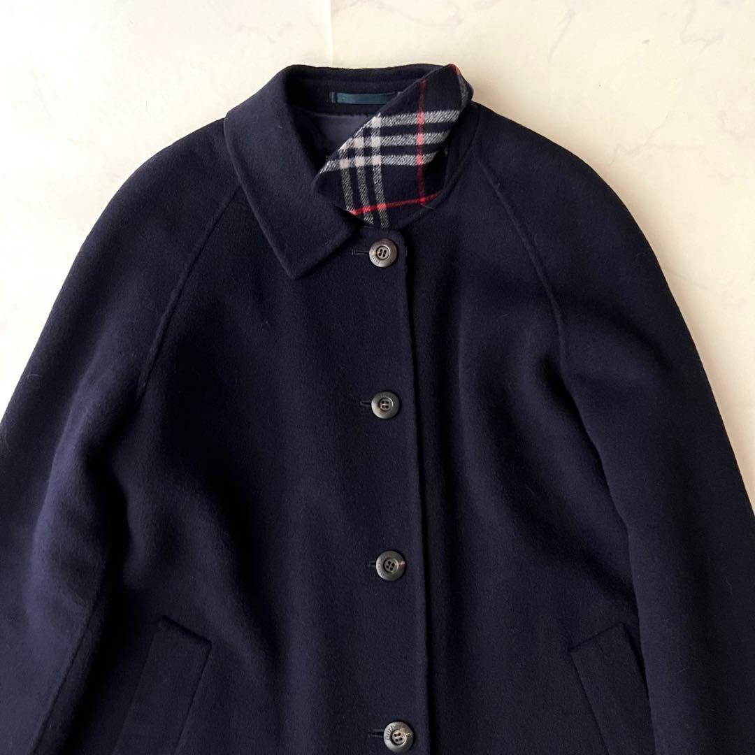 バーバリー ダブルフェイス ロングコート ネイビー ノバチェック カシミヤ混 M