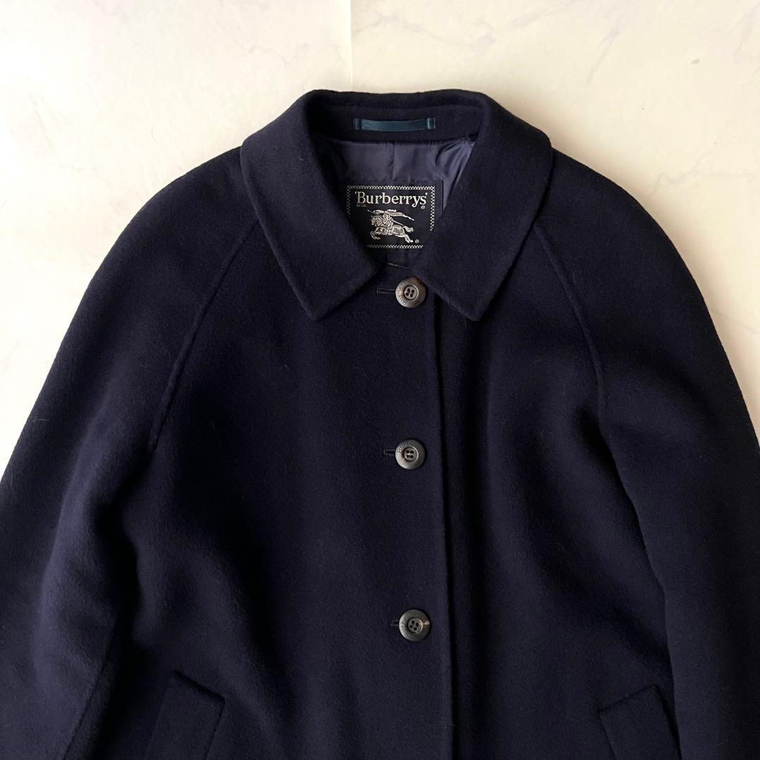 バーバリー ダブルフェイス ロングコート ネイビー ノバチェック カシミヤ混 M