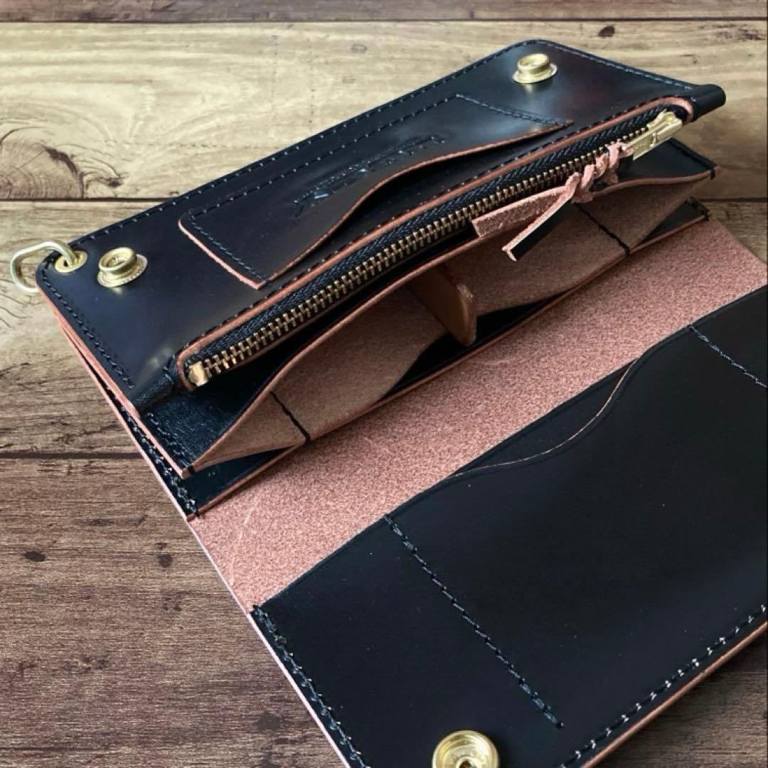 【た】カウレザー トラッカーウォレット 180（ロング）3層 茶芯ブラック