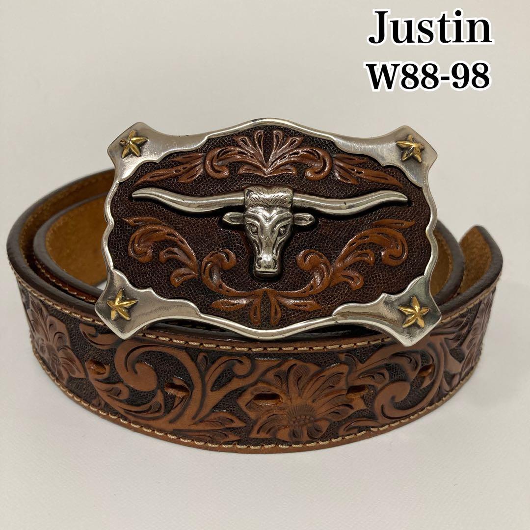 Justin カービングレザーベルト　ロングホーンバックル　36 ジャスティン