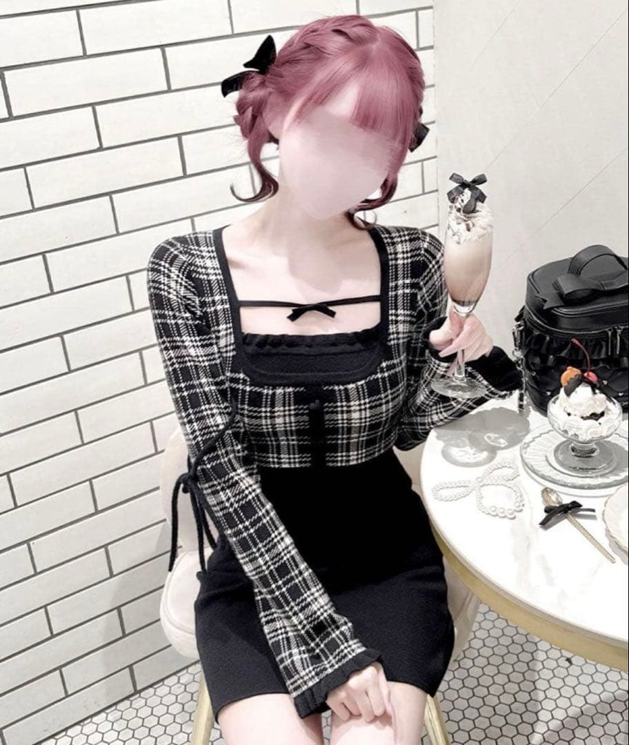 honeymew チェックリボンドッキングワンピース ブラック XS