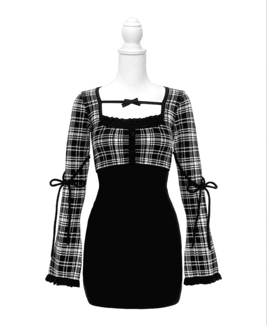 honeymew チェックリボンドッキングワンピース ブラック XS