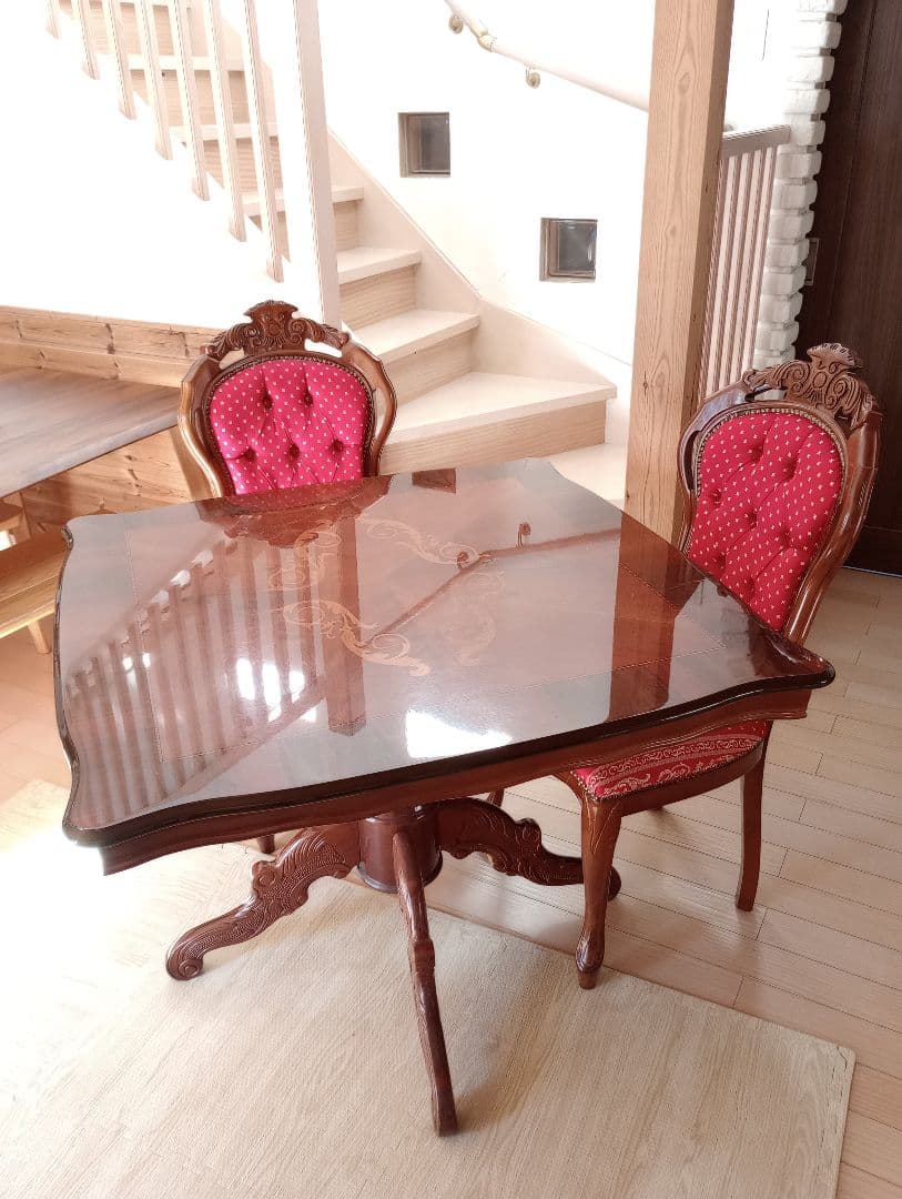 センターテーブル、ダイニングデーブル椅子2脚セット　　猫足　アンティーク