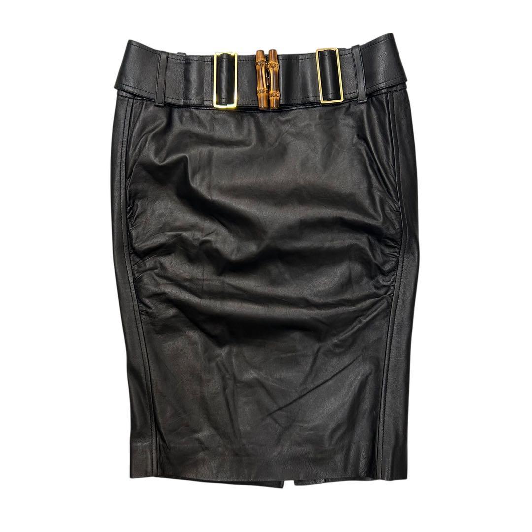トムフォード期 GUCCI レザー タイトスカート 38 バンブー ベルト付き