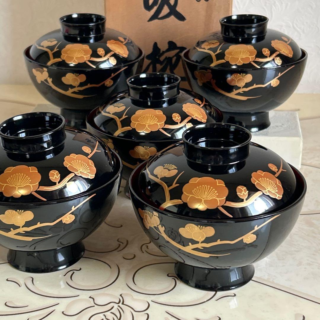 会津塗　金彩蒔絵梅文様　蓋付きお吸物椀　雑煮椀　お椀　5客セット　漆器　汁椀