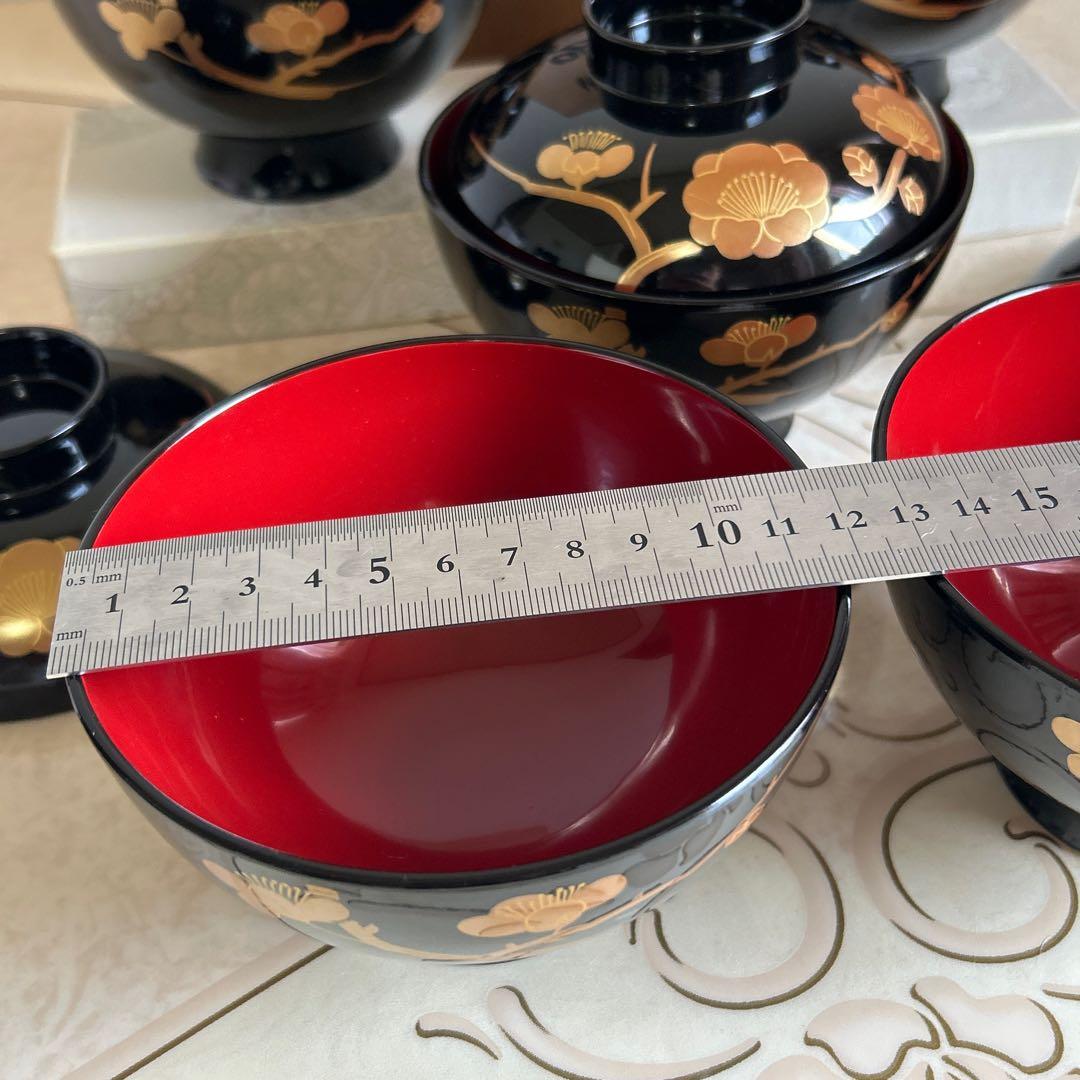 会津塗　金彩蒔絵梅文様　蓋付きお吸物椀　雑煮椀　お椀　5客セット　漆器　汁椀