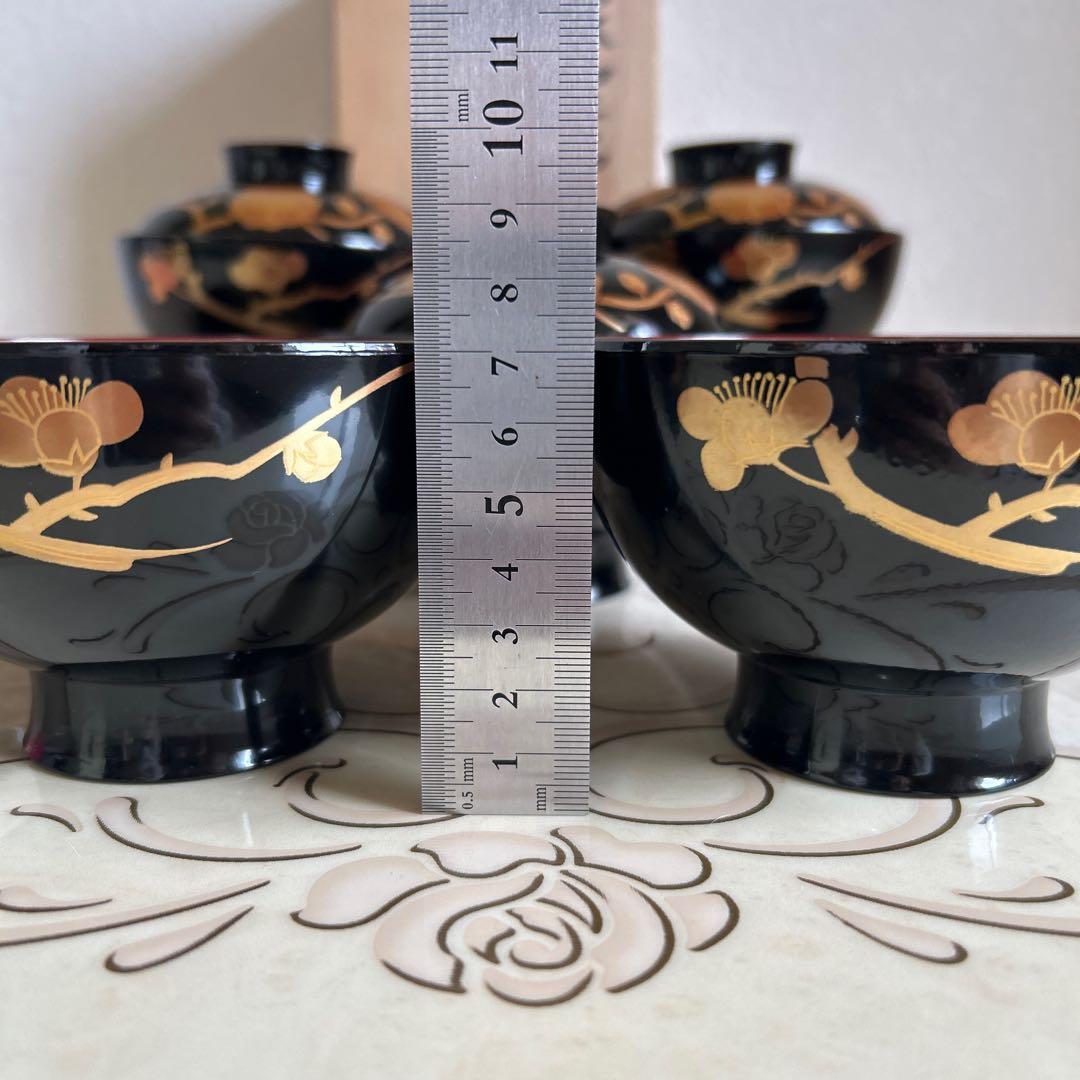 会津塗　金彩蒔絵梅文様　蓋付きお吸物椀　雑煮椀　お椀　5客セット　漆器　汁椀