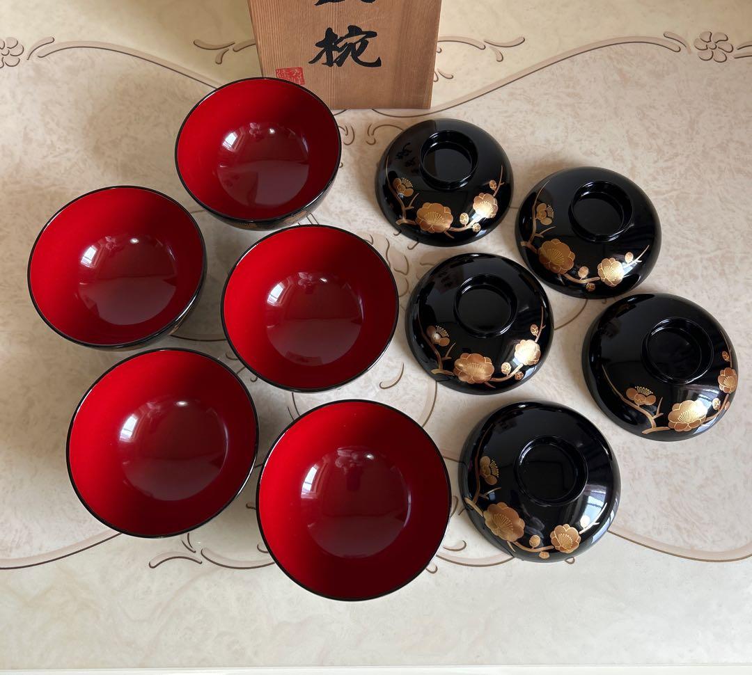 会津塗　金彩蒔絵梅文様　蓋付きお吸物椀　雑煮椀　お椀　5客セット　漆器　汁椀