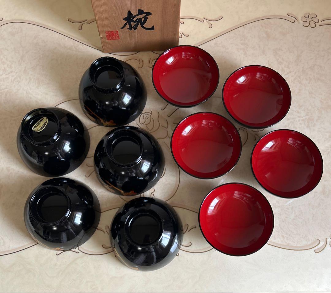 会津塗　金彩蒔絵梅文様　蓋付きお吸物椀　雑煮椀　お椀　5客セット　漆器　汁椀