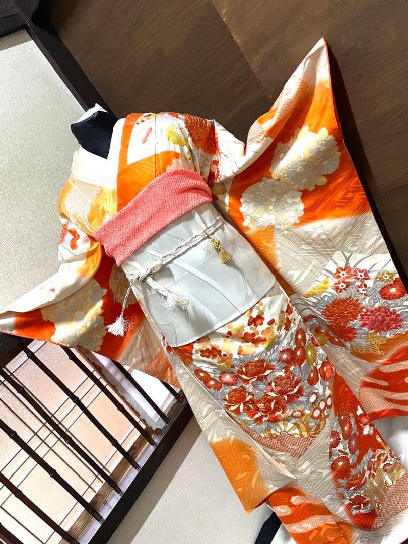 振袖 フルセット6点サイズM〜Ｌ駒刺繍　扇面花車文　暈し染め　金彩　正絹