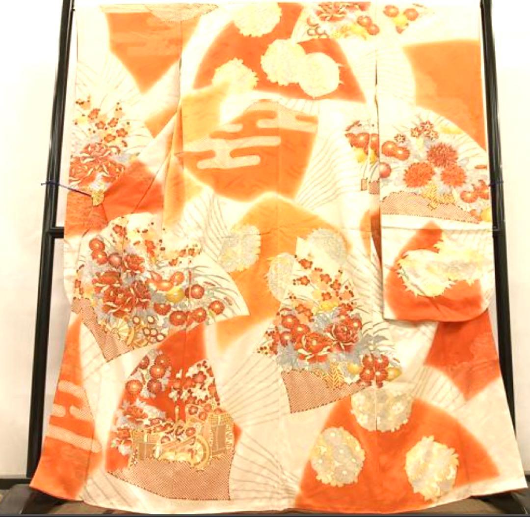 振袖 フルセット6点サイズM〜Ｌ駒刺繍　扇面花車文　暈し染め　金彩　正絹