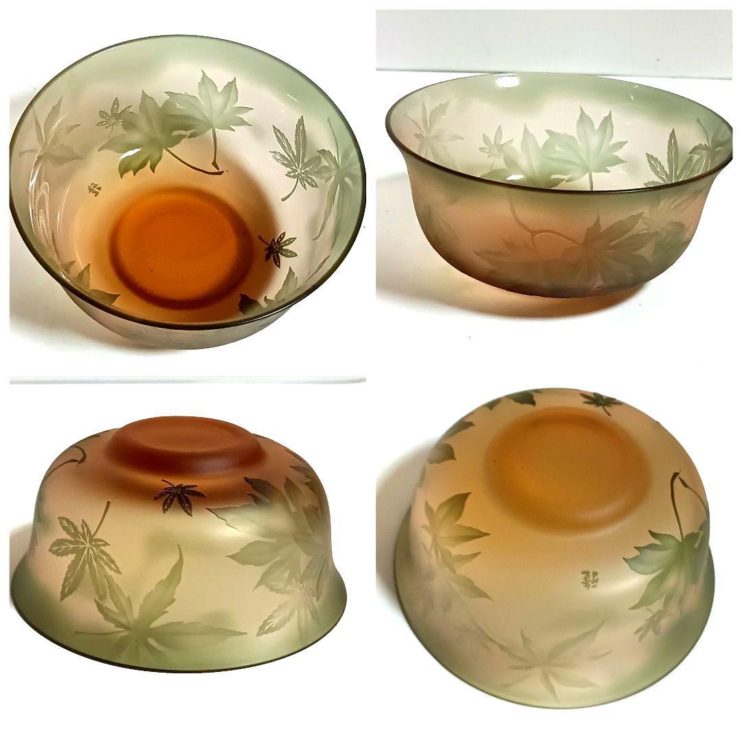 【新品未使用】ガラス茶碗 在銘 紅葉 抹茶碗 硝子 茶道具