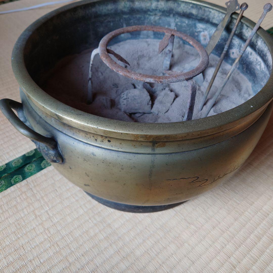 金属真鍮製 火鉢 山水画の装飾